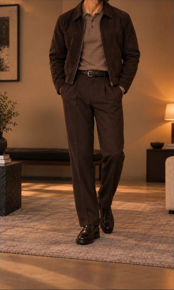 A man wearing a layered brown jacket, polo shirt, trousers, and leather shoes walking indoors.