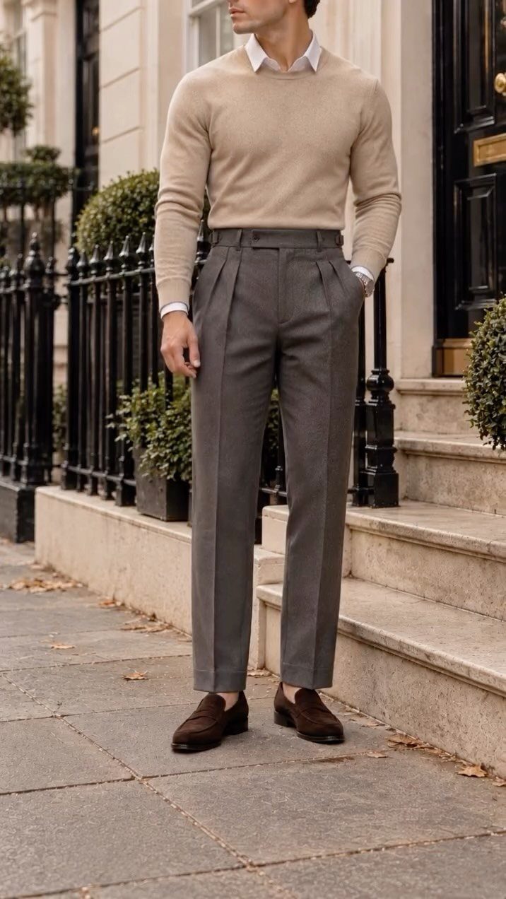 Man wearing a beige sweater, grey pleated trousers, and brown suede loafers standing on stone steps.