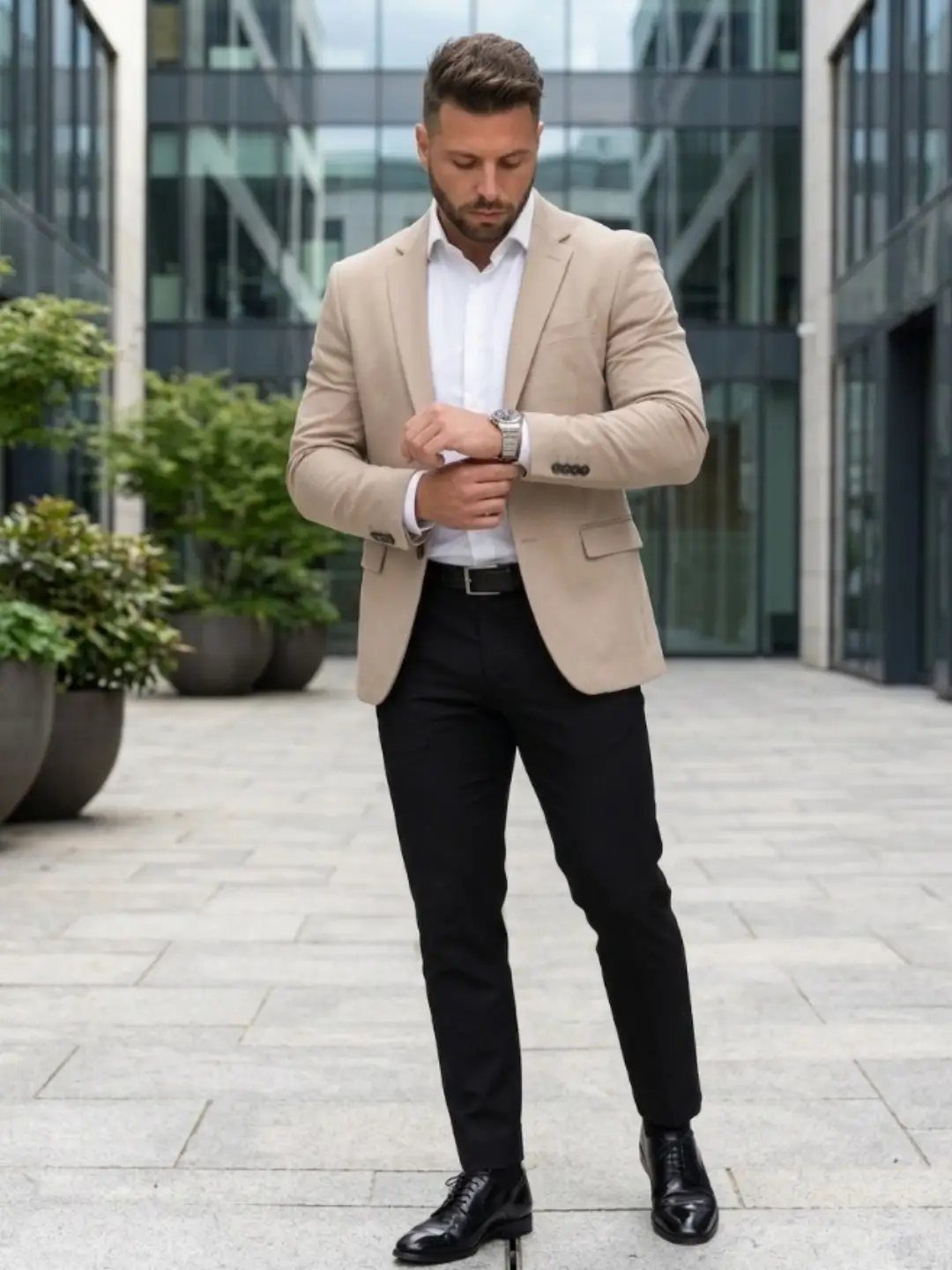 Man in a beige blazer, white shirt, and black trousers standing in a modern courtyard.