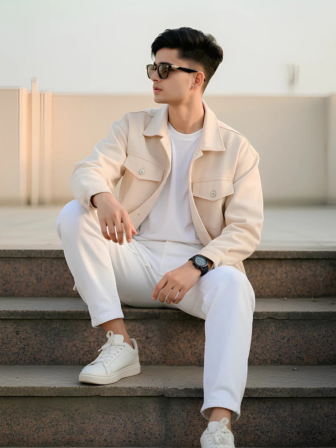 A man in a beige jacket and white pants sitting on stone steps.