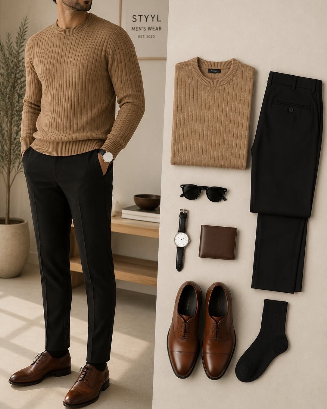 Man wearing a tan ribbed sweater and black trousers paired with brown leather shoes.
