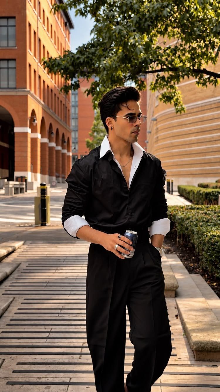 Man in a black shirt with white collar and cuffs standing on a city sidewalk.
