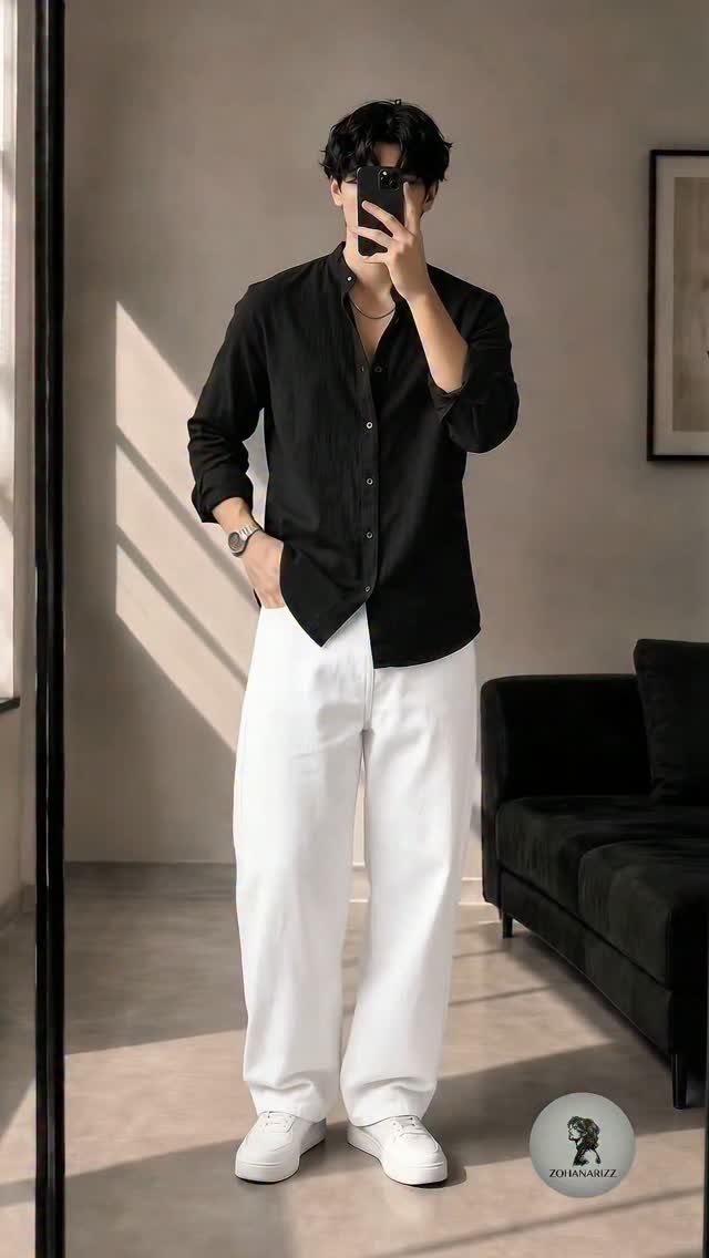 A man posing in a black button-down shirt and white wide-leg pants.