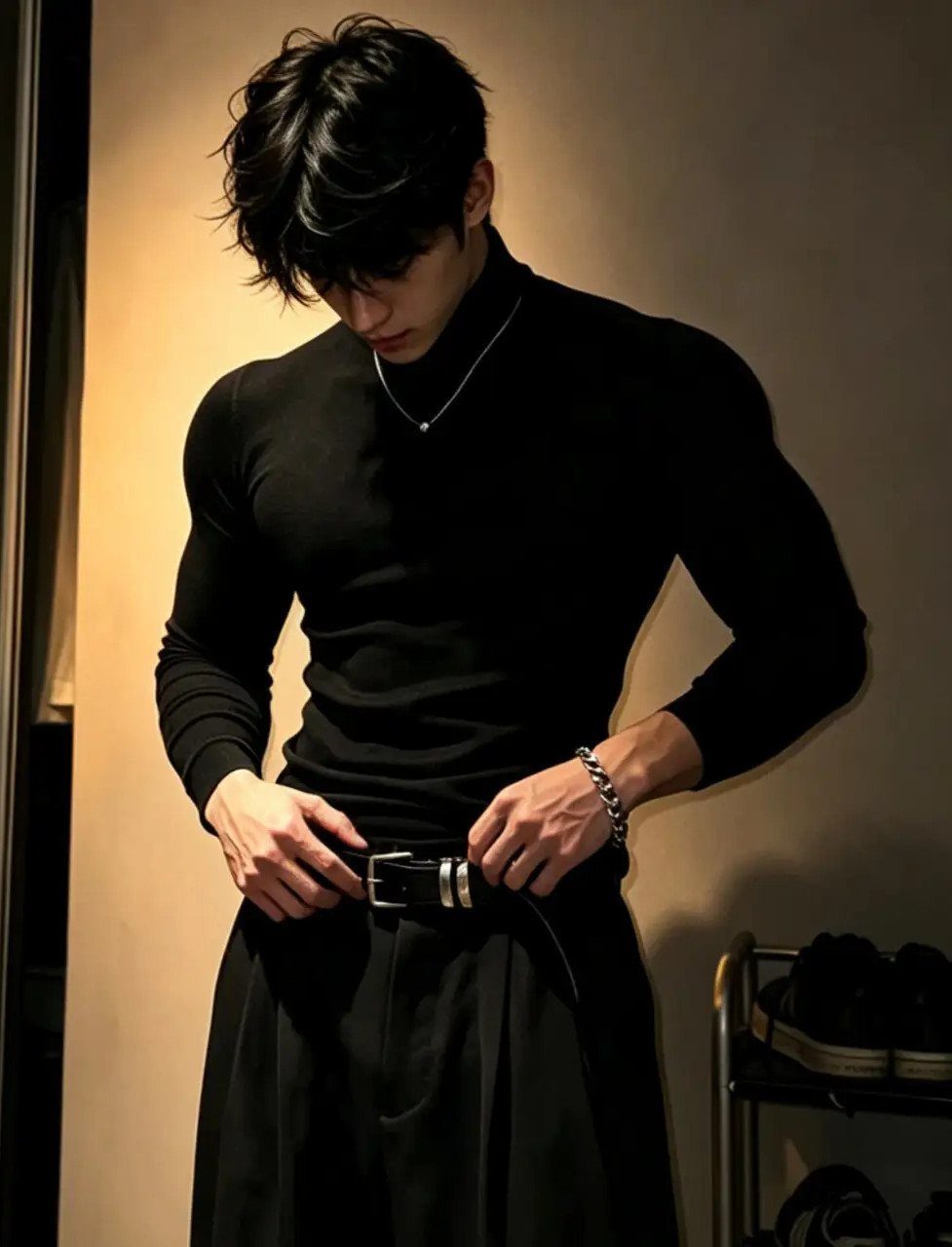 Man in a black turtleneck and trousers adjusting his silver buckle belt.