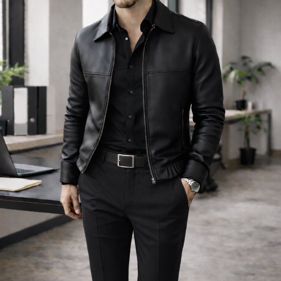 Man wearing a black leather jacket, black button-down shirt, and black trousers in an office.