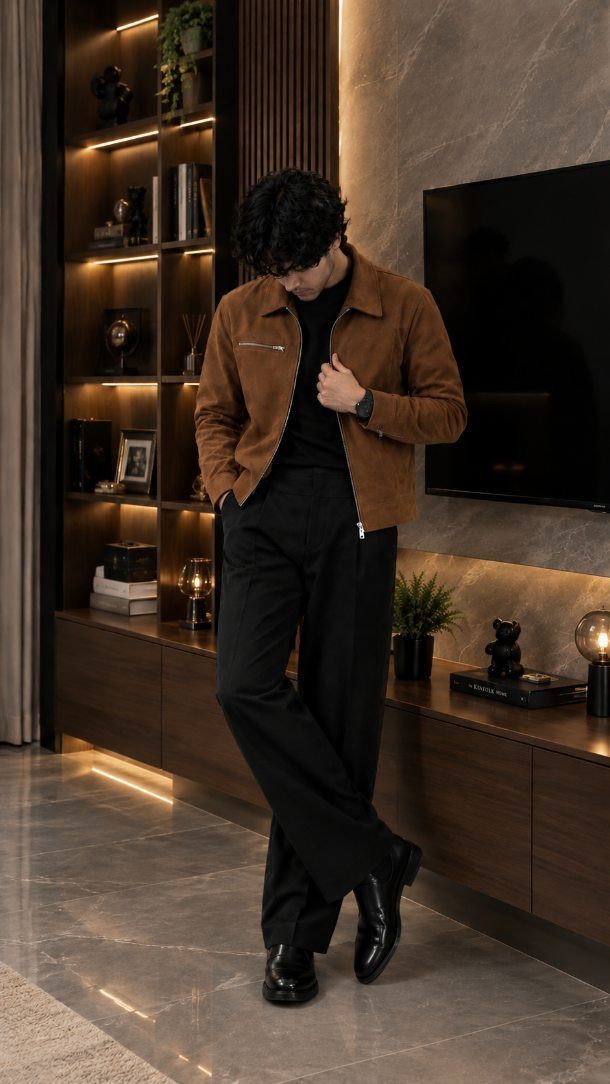 Man wearing a brown suede jacket over a black t-shirt and black trousers.