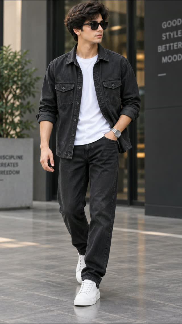 Man walking in a black denim jacket, white t-shirt, black jeans, and white sneakers.
