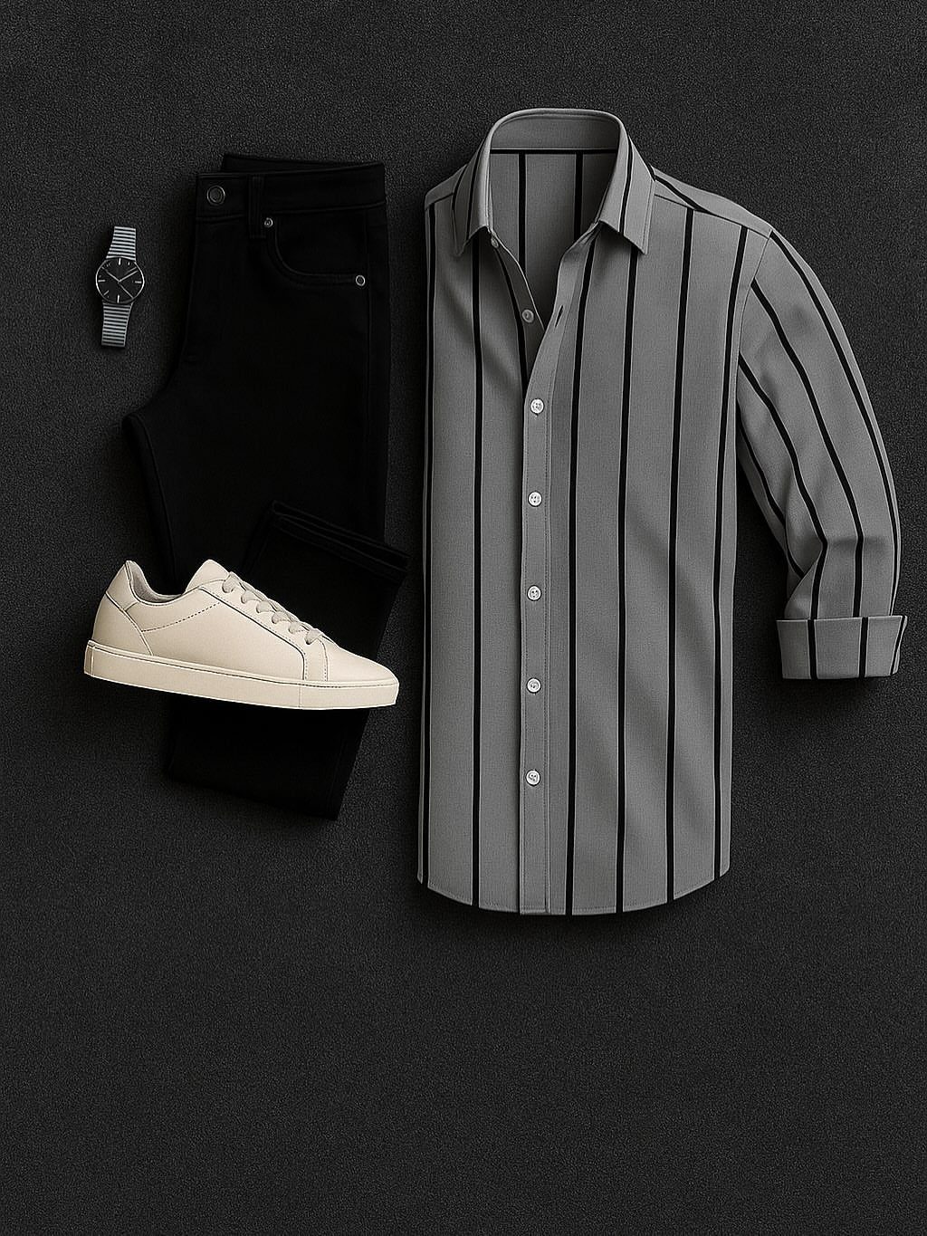 Grey striped shirt, black jeans, white sneaker, and a watch laid flat on a dark background.