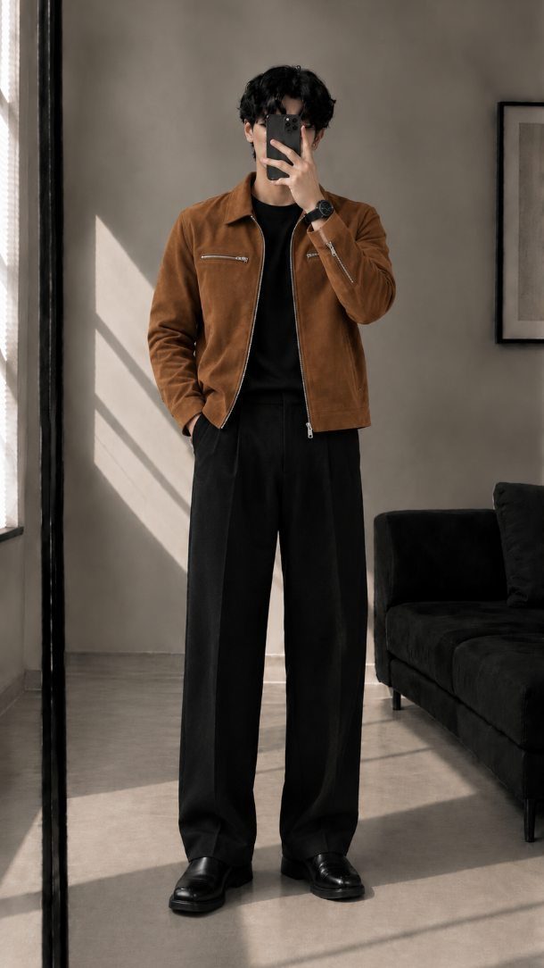 Man wearing a brown suede jacket, black shirt, and wide-leg black trousers standing in a room.
