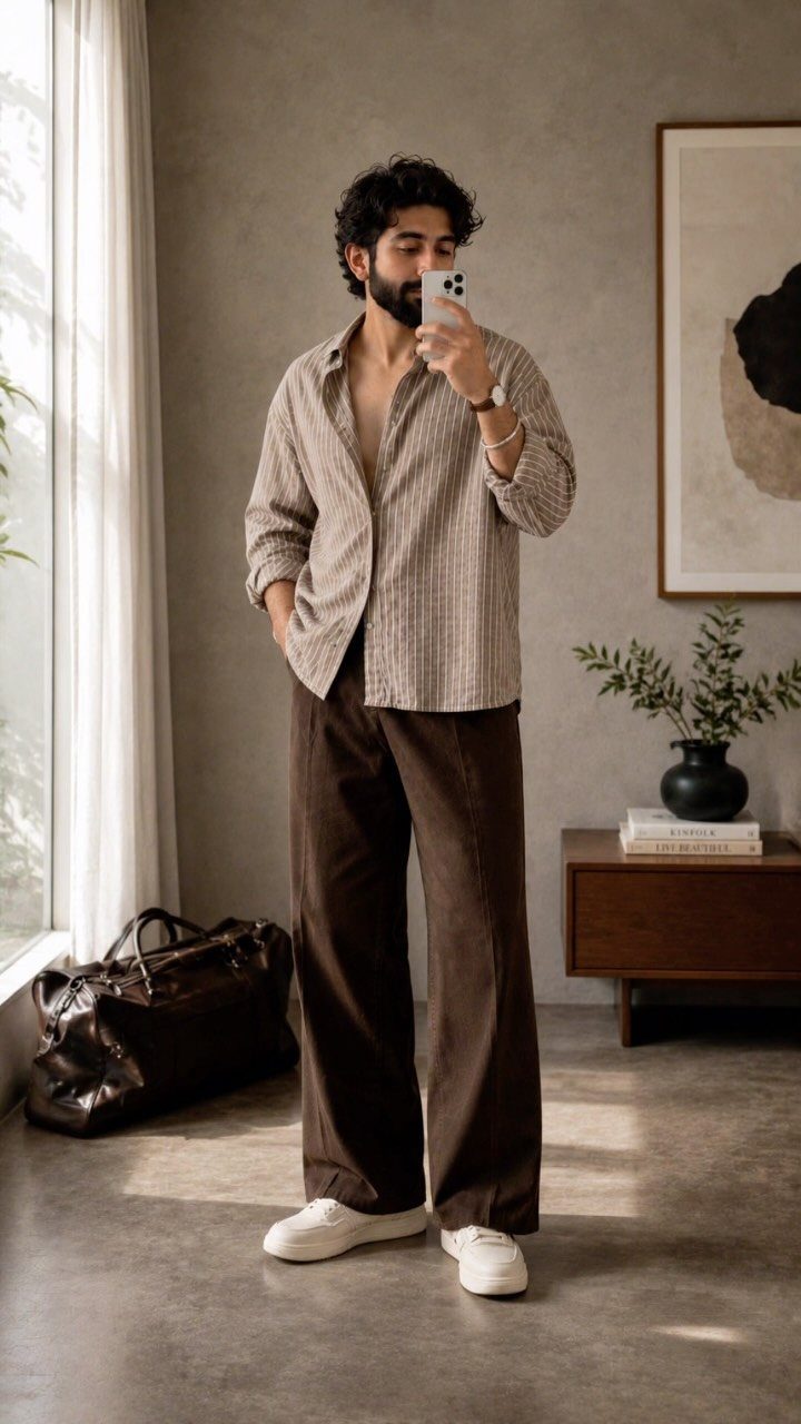 A man posing in a striped shirt and wide-leg brown pants with white sneakers.