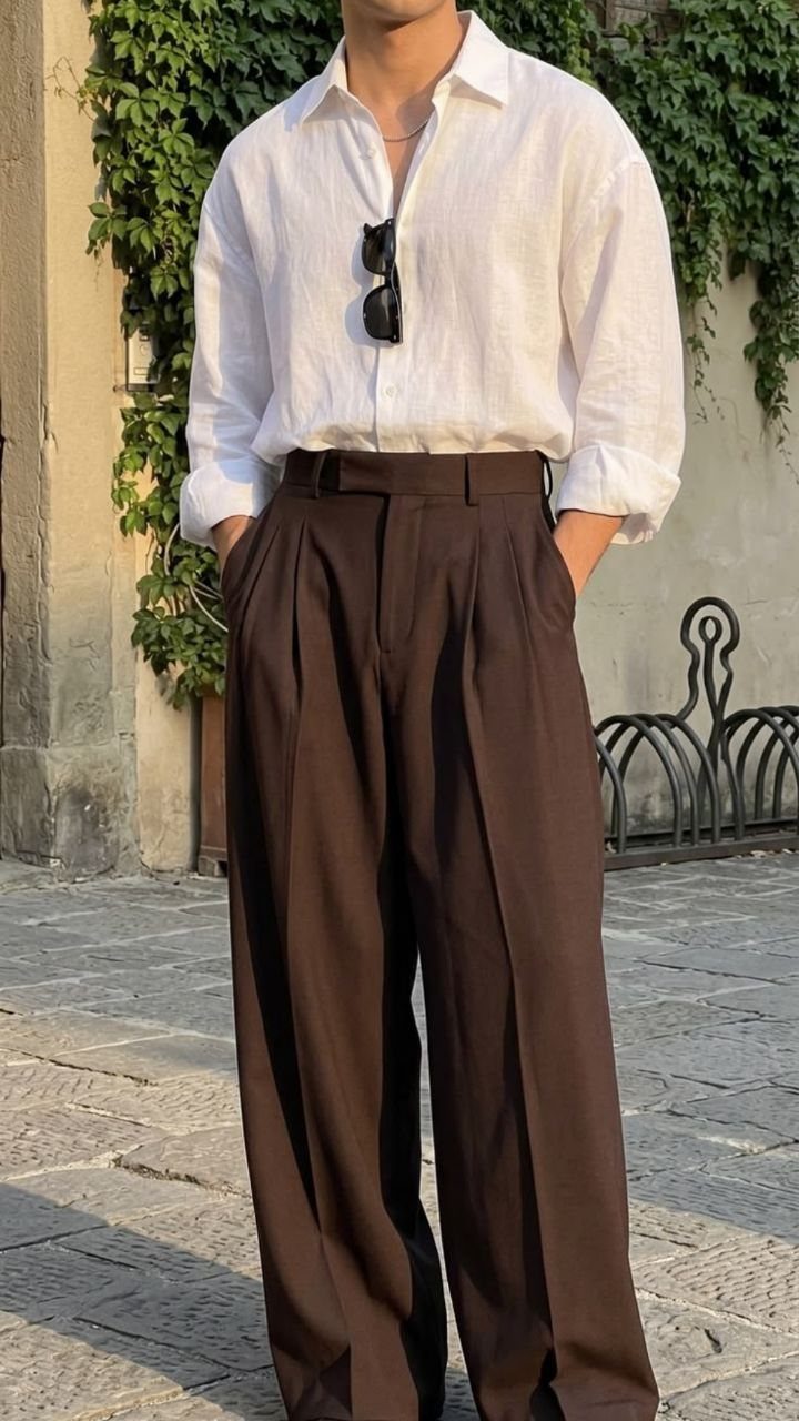 A person wearing a white linen shirt and wide-leg brown trousers standing outdoors.