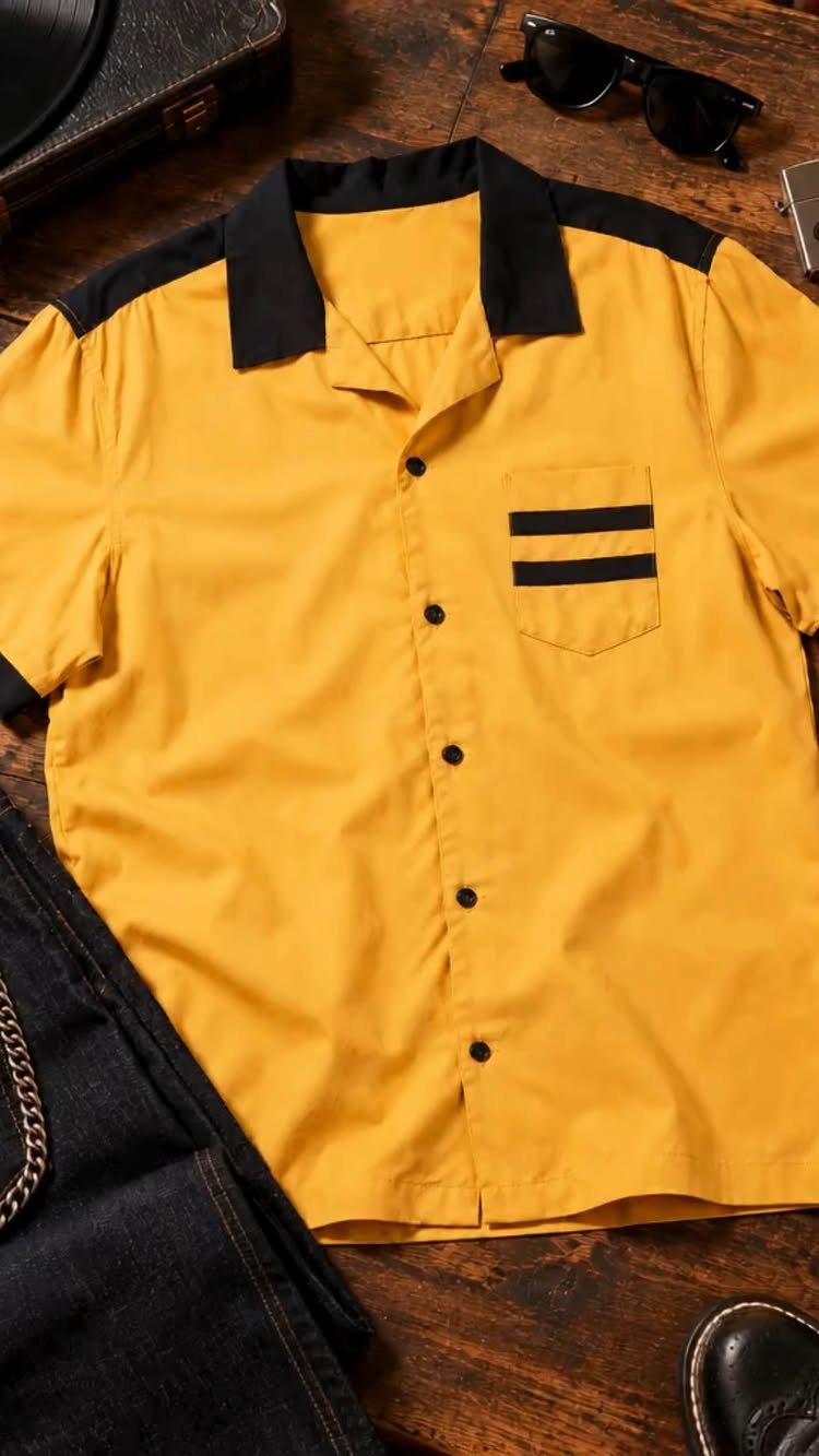 Mustard yellow bowling shirt with black collar and striped pocket laid on a wooden surface.