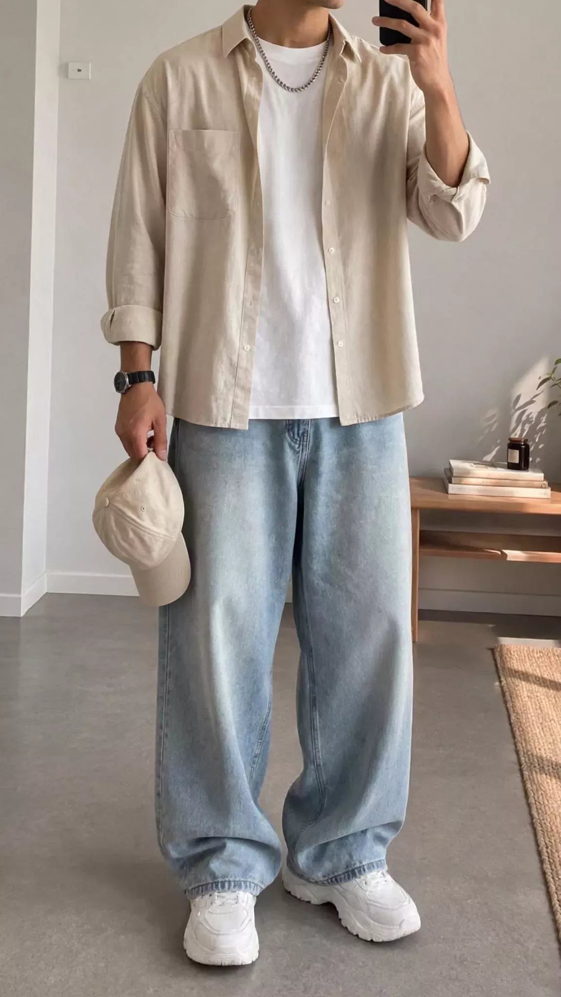 A person wearing a beige shirt, white t-shirt, wide-leg jeans, and white sneakers.