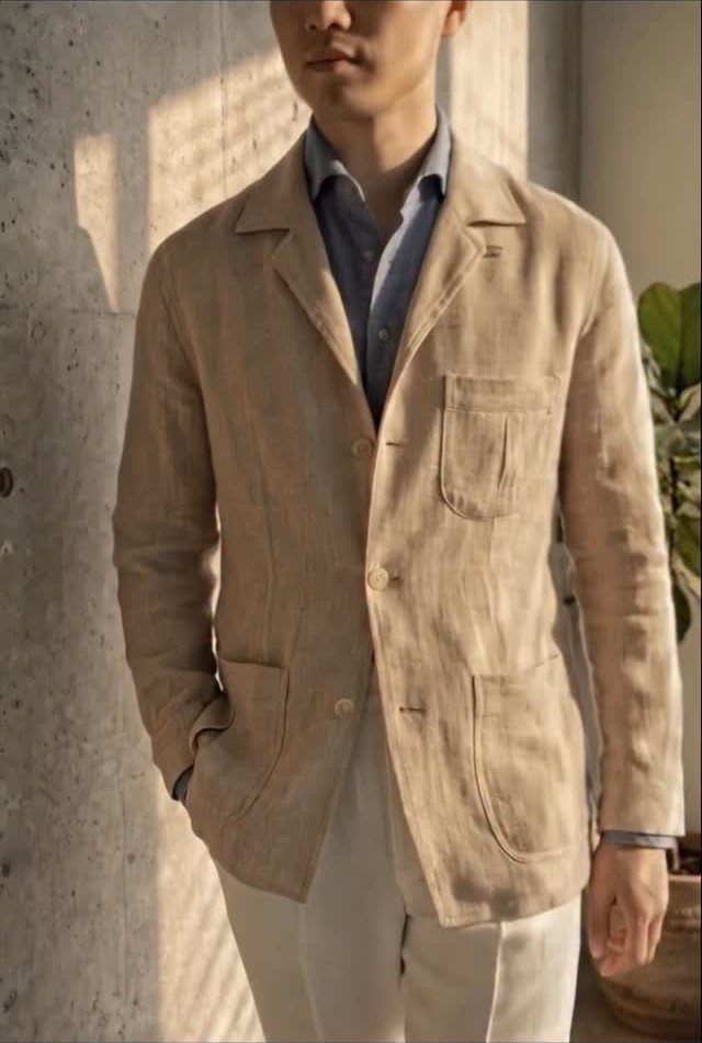 Man wearing a tan linen unstructured blazer, blue shirt, and white trousers against a concrete wall.