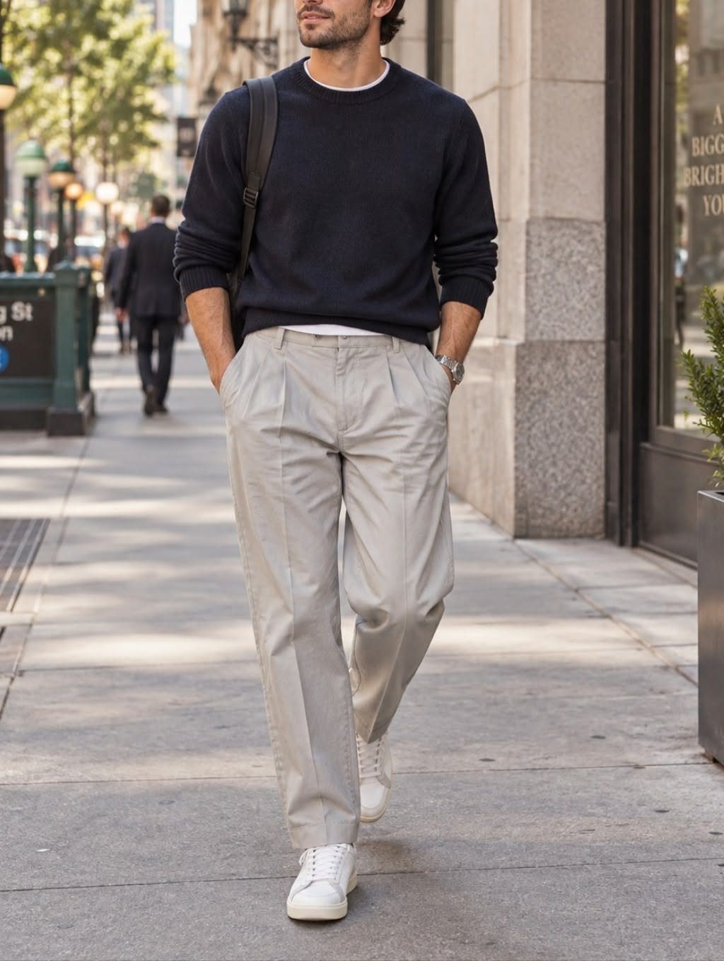 A man walking down a city street wearing a navy sweater and light grey pleated chinos.