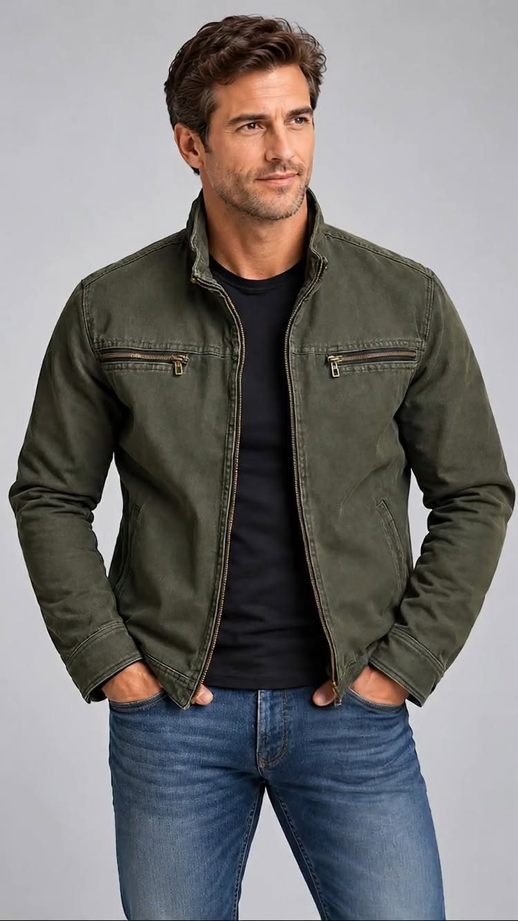 A man wearing an olive green jacket, black t-shirt, and blue jeans standing against a grey background.