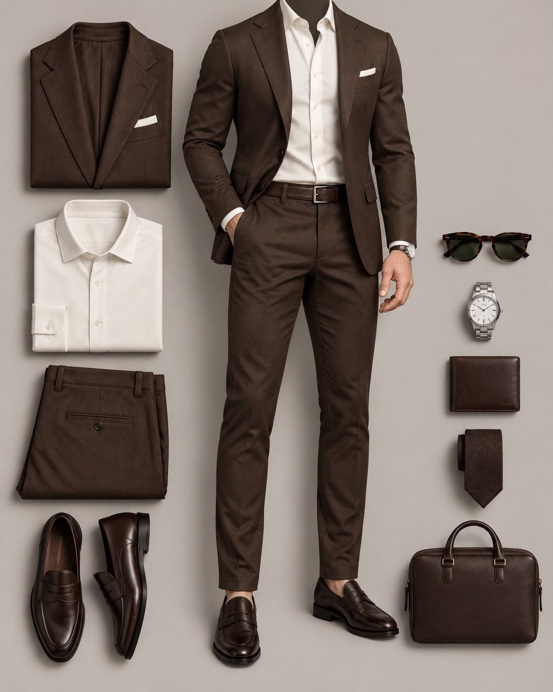 Man in a brown suit surrounded by matching brown and white fashion accessories and clothing items.