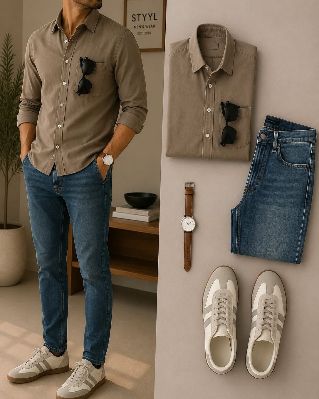Man in tan shirt and blue jeans standing next to a flat lay of casual clothing and white sneakers.