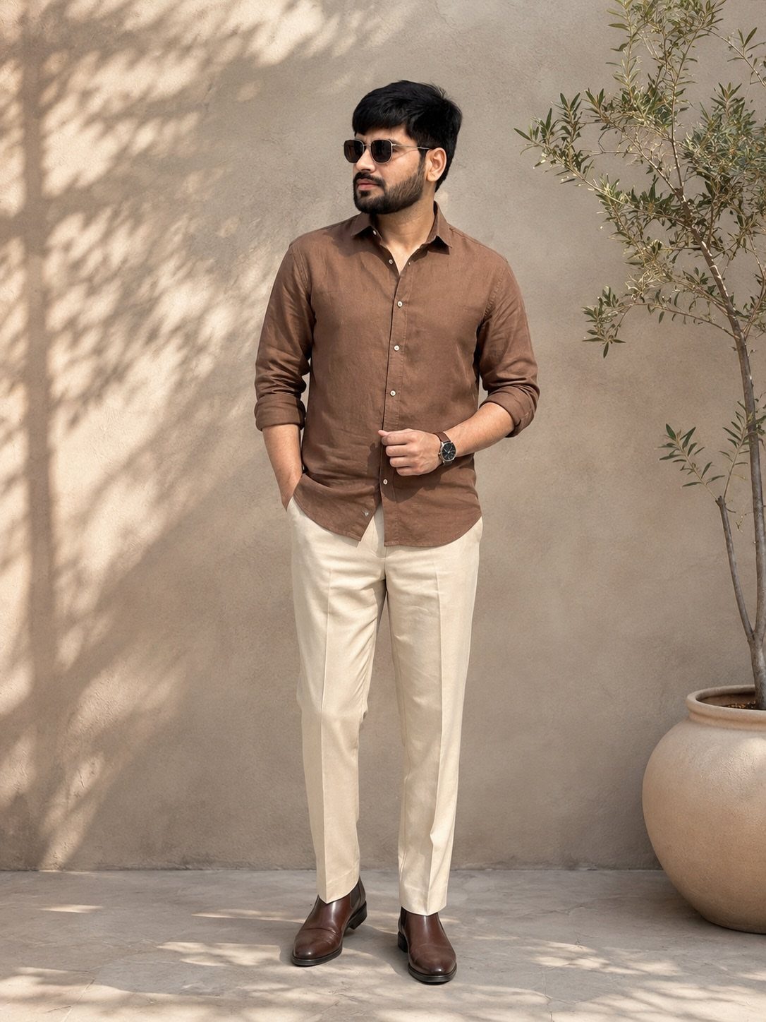 Man in brown shirt and cream trousers standing against a neutral wall.