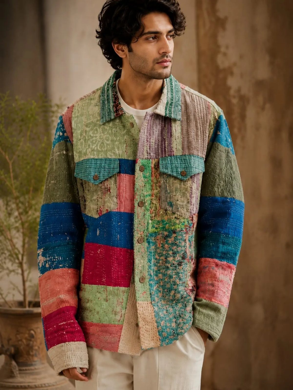 Man wearing a vibrant, multi-colored patchwork quilted jacket and white trousers standing indoors.