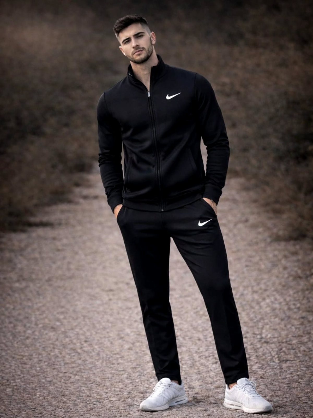 Man in black Nike track jacket and matching joggers standing on a dirt path.