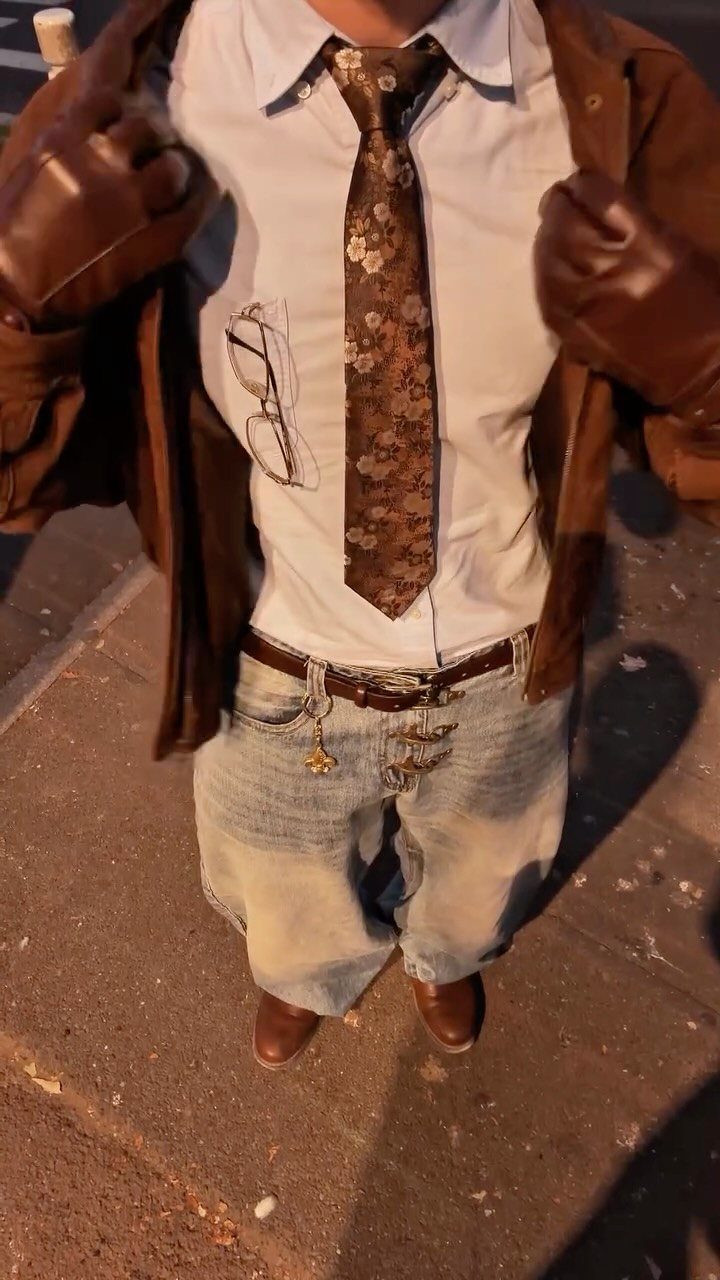 Man wearing a white shirt, floral tie, leather jacket, and light blue denim jeans.