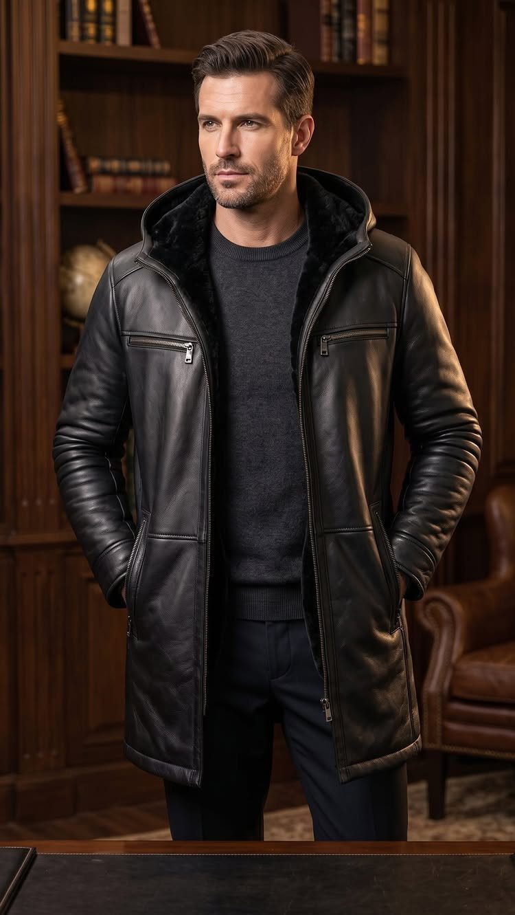 Man wearing a long black leather coat with fur lining in a library.