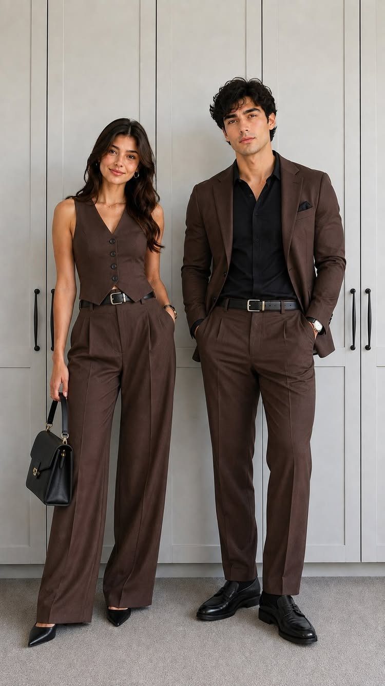 A man and woman posing in coordinated brown and black professional outfits against white wardrobes.