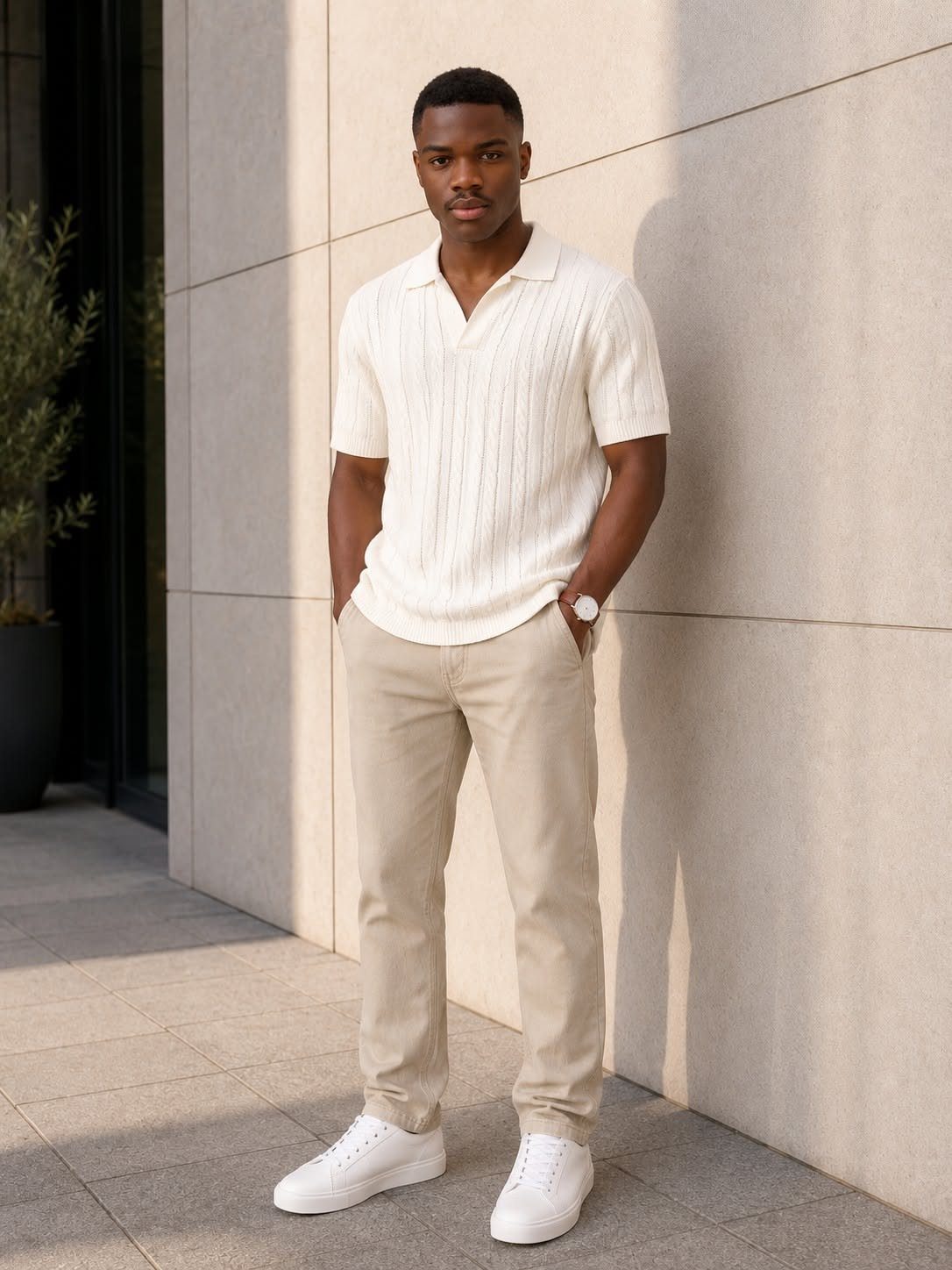 A man wearing a cream ribbed polo shirt, beige trousers, and white sneakers standing outdoors.
