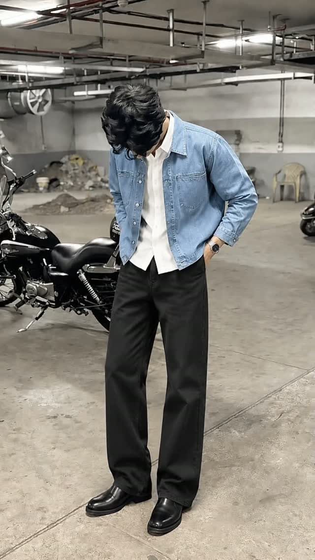 A person wearing a light blue denim jacket, white shirt, and black trousers standing in a garage.