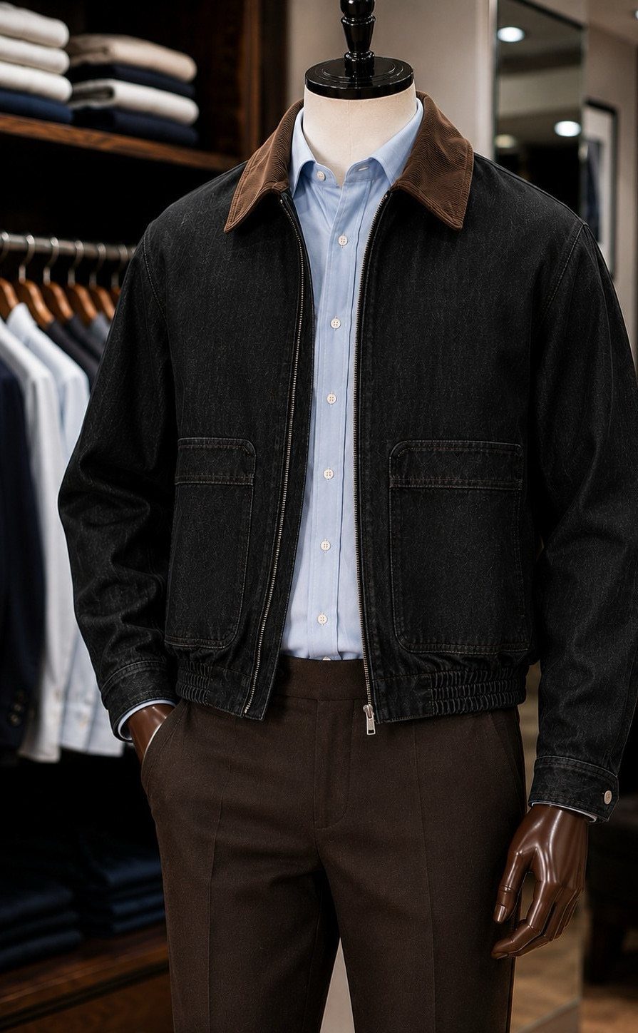 A dark denim jacket with a brown collar paired with a light blue shirt and brown chinos.