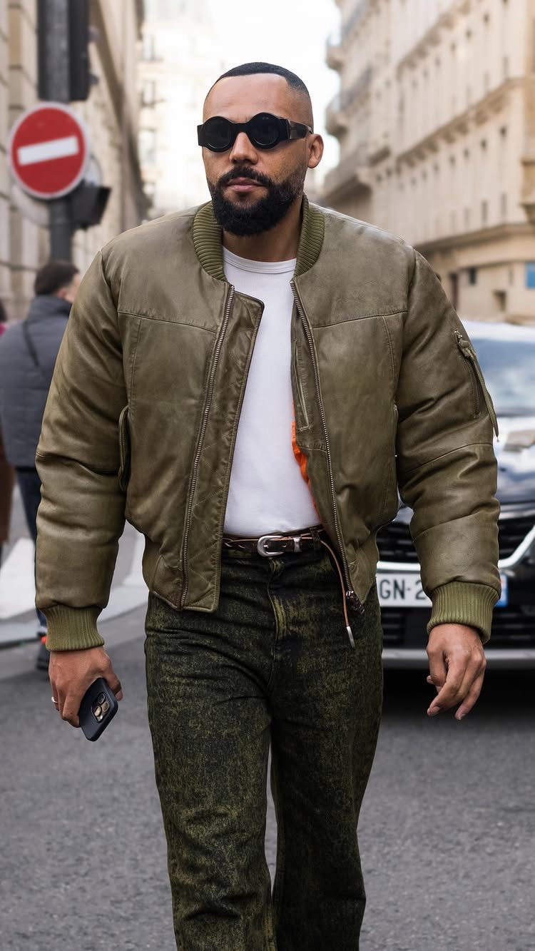 Man wearing an olive bomber jacket, white t-shirt, and dark denim jeans walking outdoors.