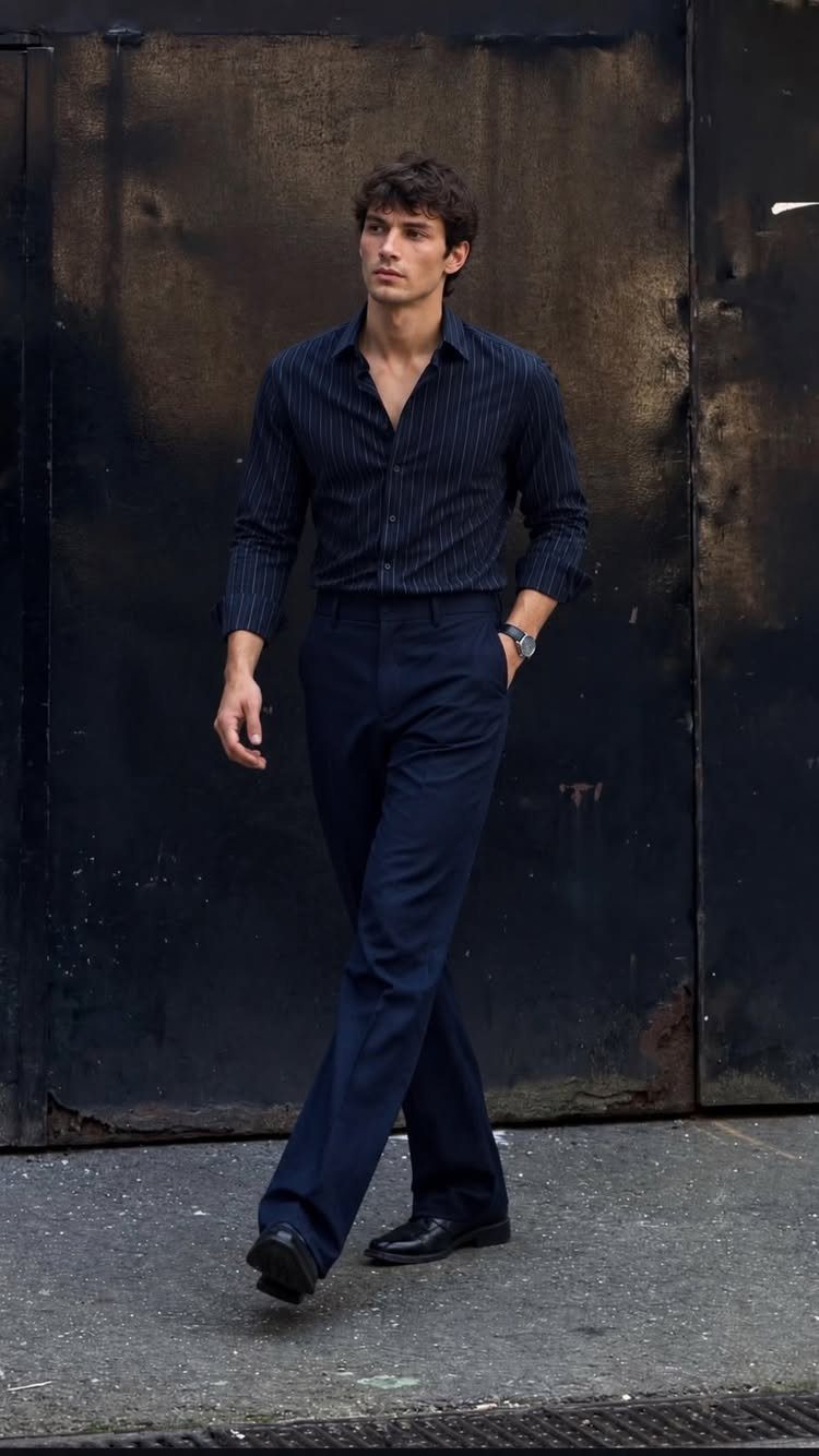 Man walking in a dark navy striped shirt and matching navy trousers against a dark wall.