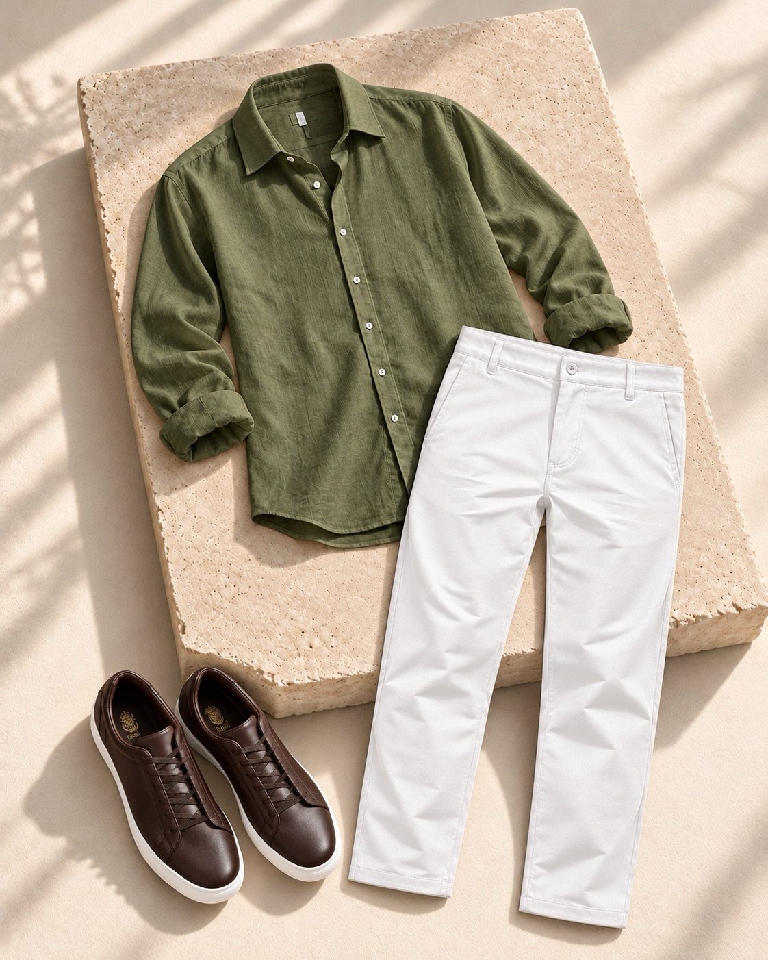 Olive green shirt, white pants, and brown sneakers arranged on a stone slab.