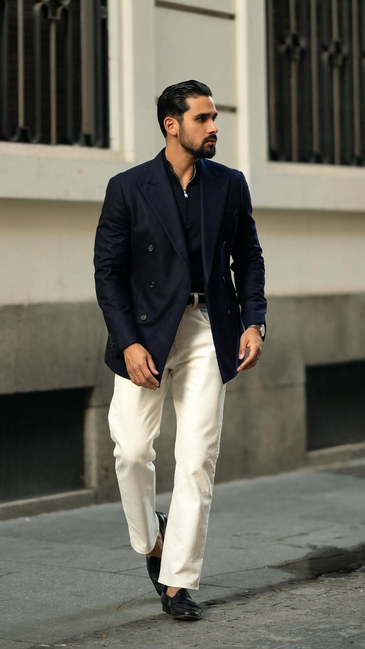 Man walking in a navy double-breasted blazer, dark polo, and white trousers on a city street.
