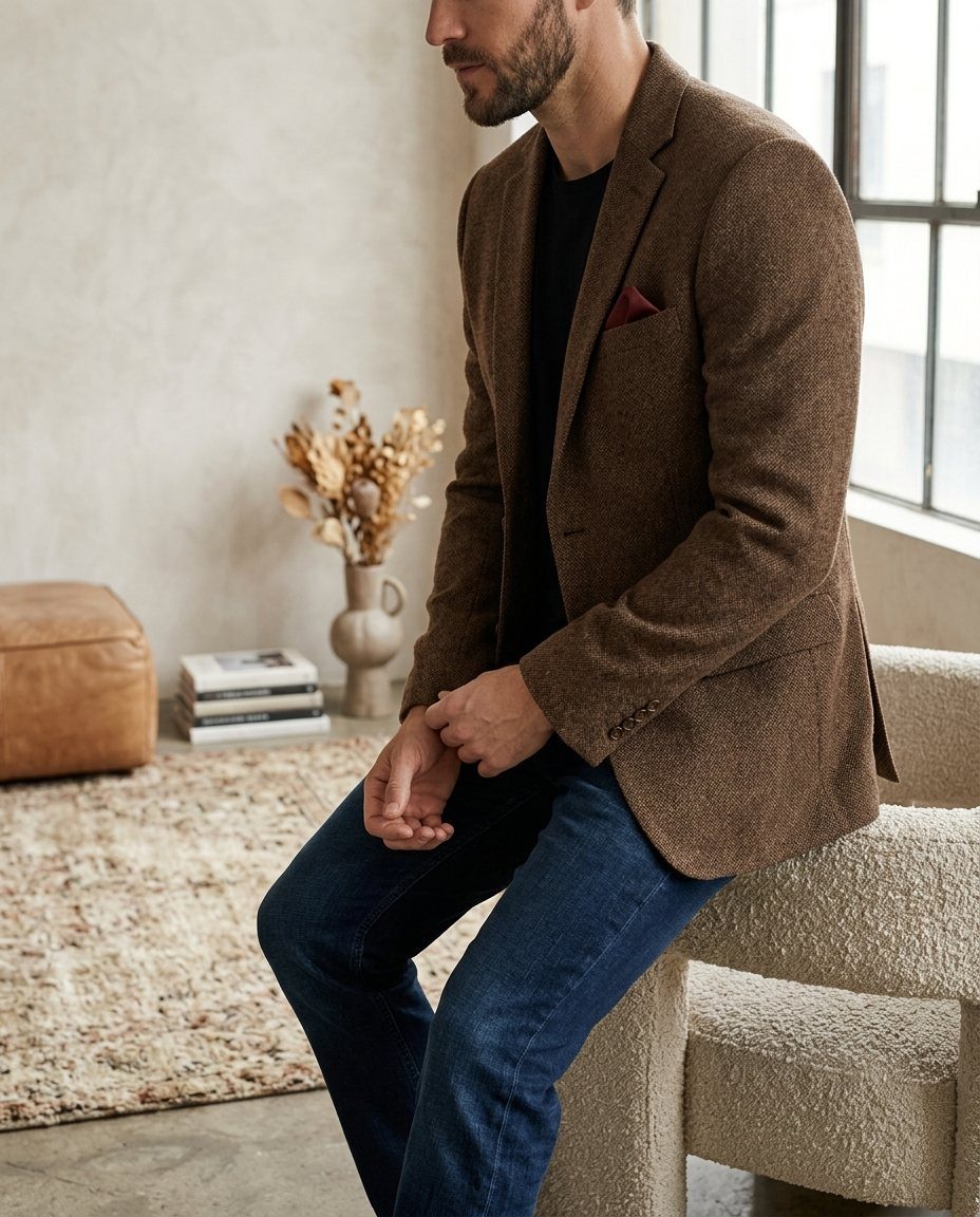 A man wearing a brown textured blazer and dark blue jeans sitting on a cream armchair.