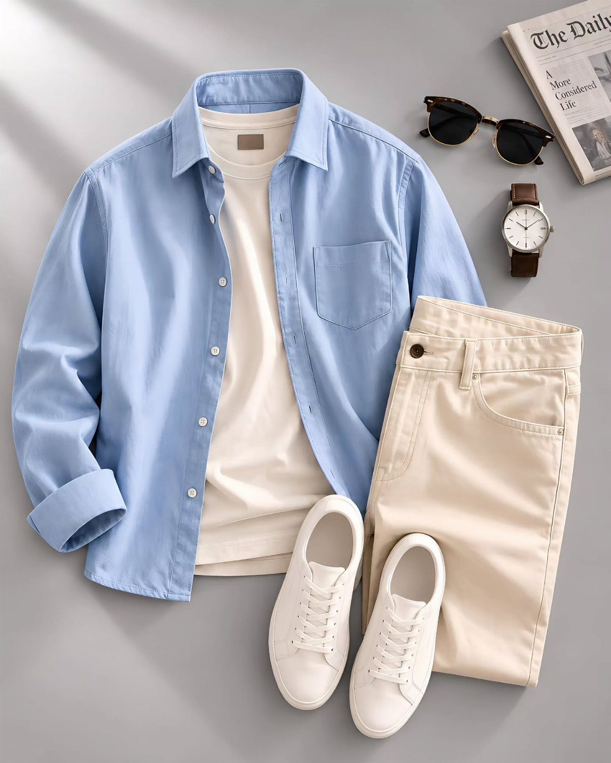 Light blue shirt, white t-shirt, cream chinos, and white sneakers arranged in a flat lay.