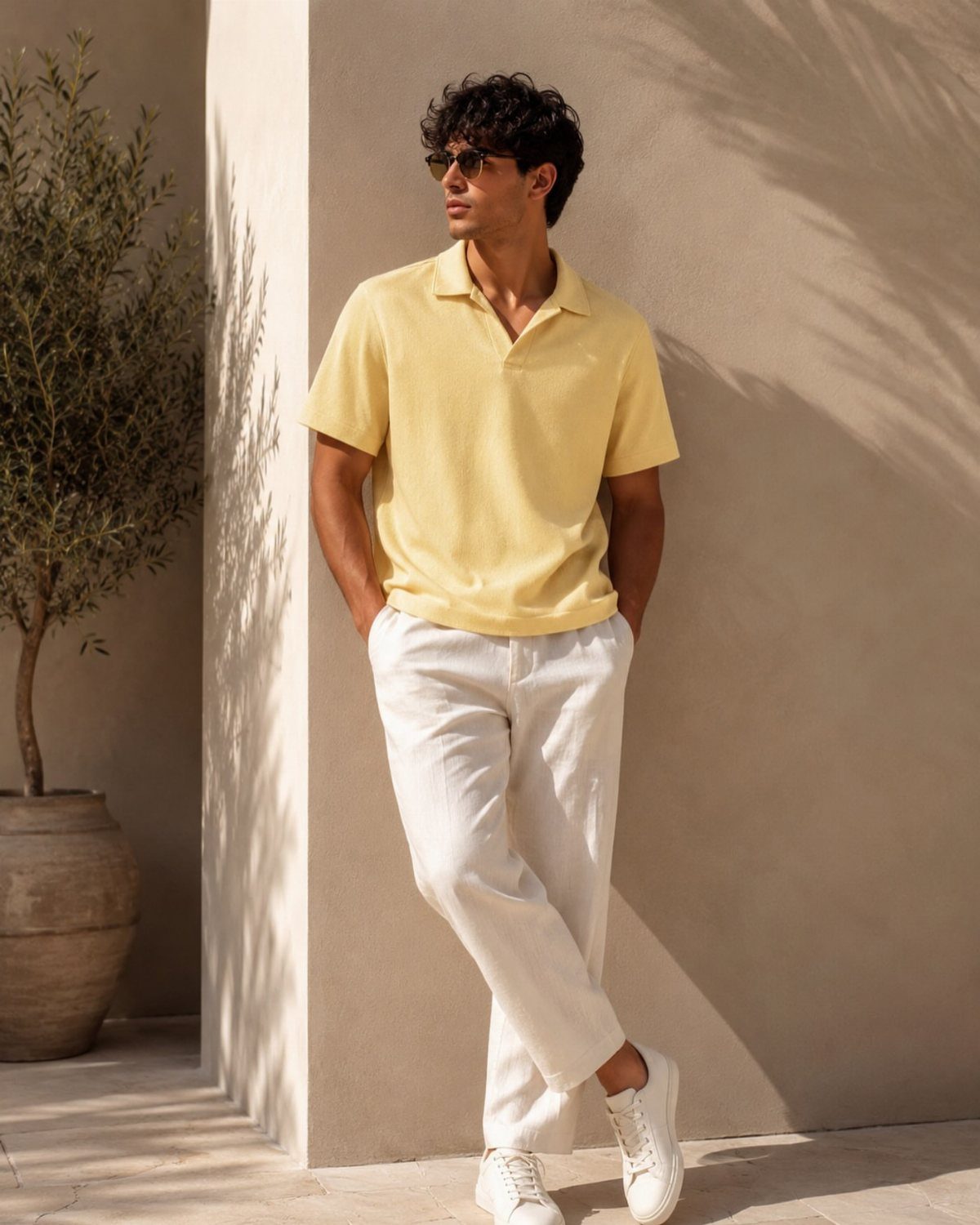A man in a yellow polo shirt and white trousers leaning against a wall.