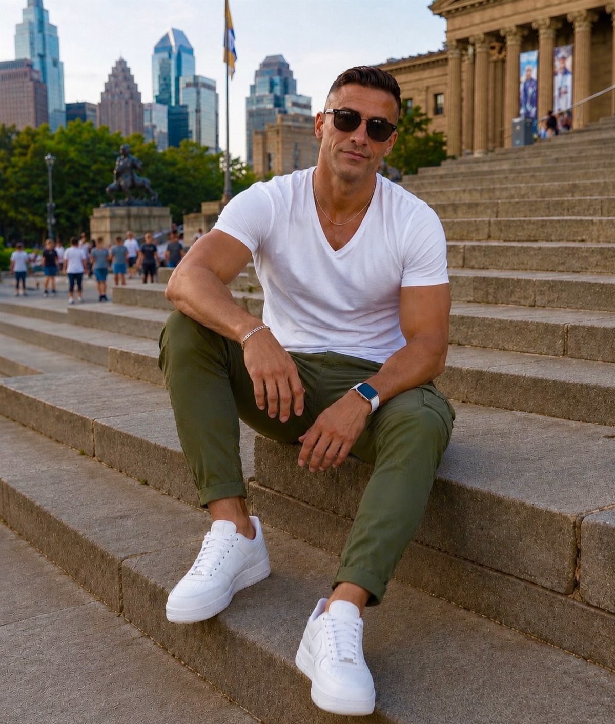 Man in white t-shirt and olive green pants sitting on outdoor stone steps.