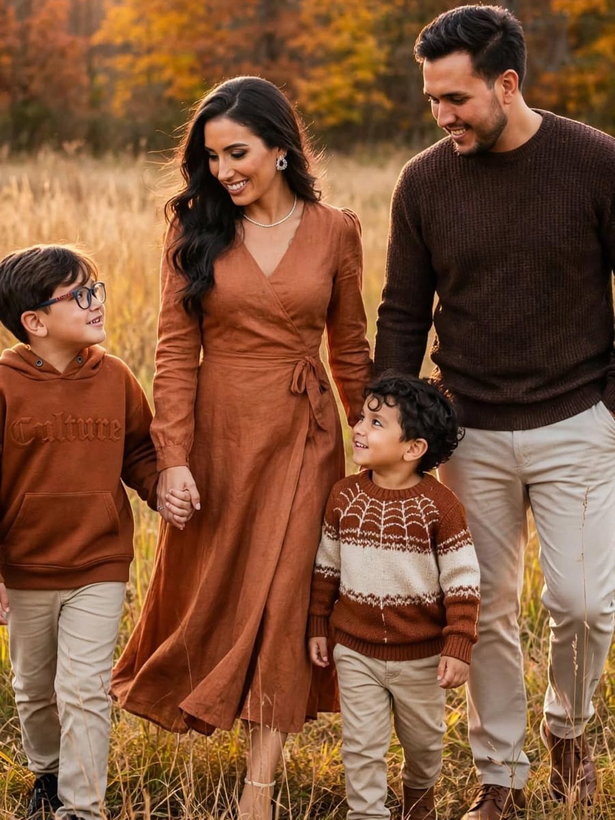 A smiling family of four walking through a golden autumn field wearing coordinated brown and tan clothing.