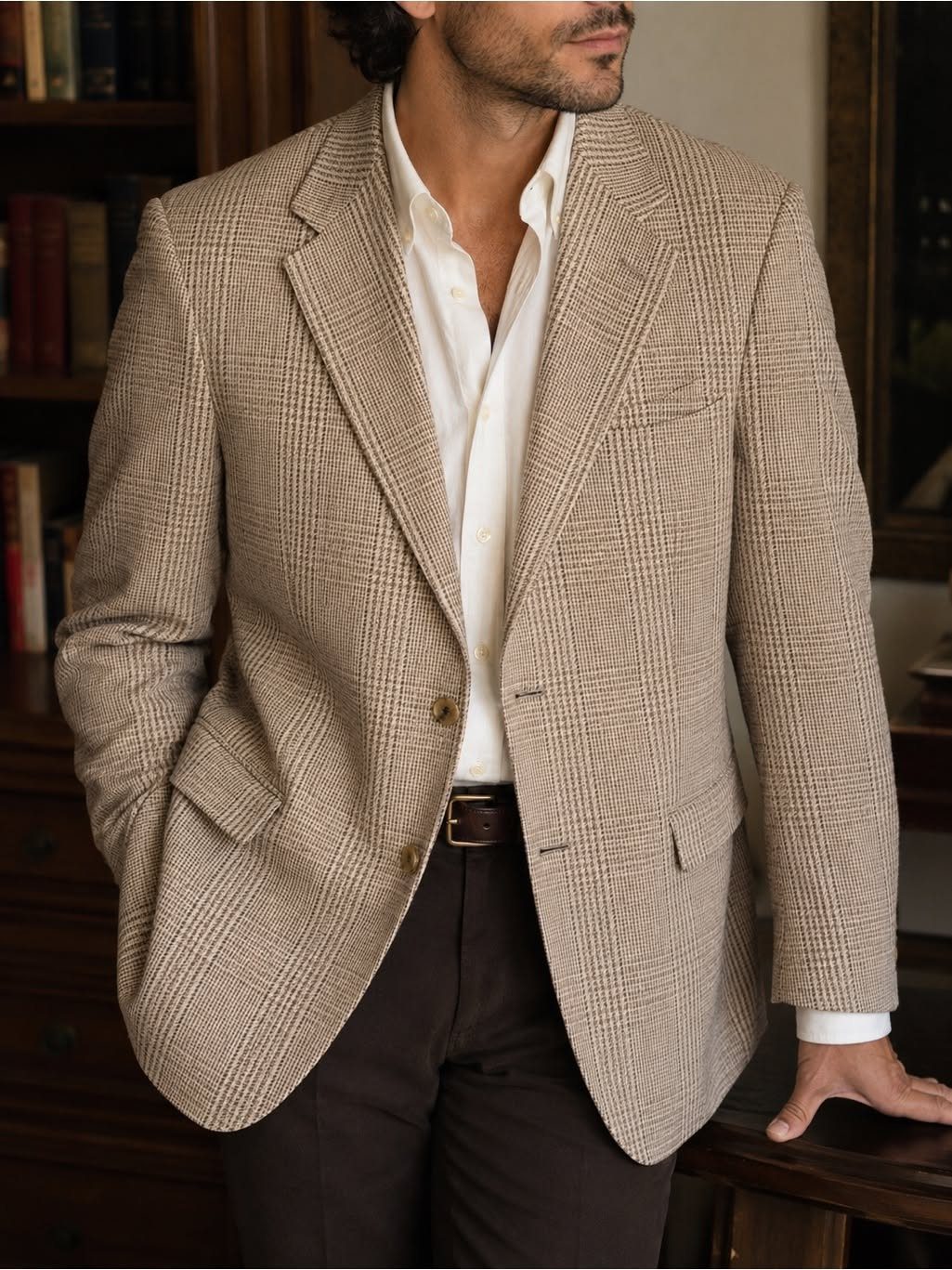 A man wearing a tan plaid blazer over a white shirt and dark trousers.