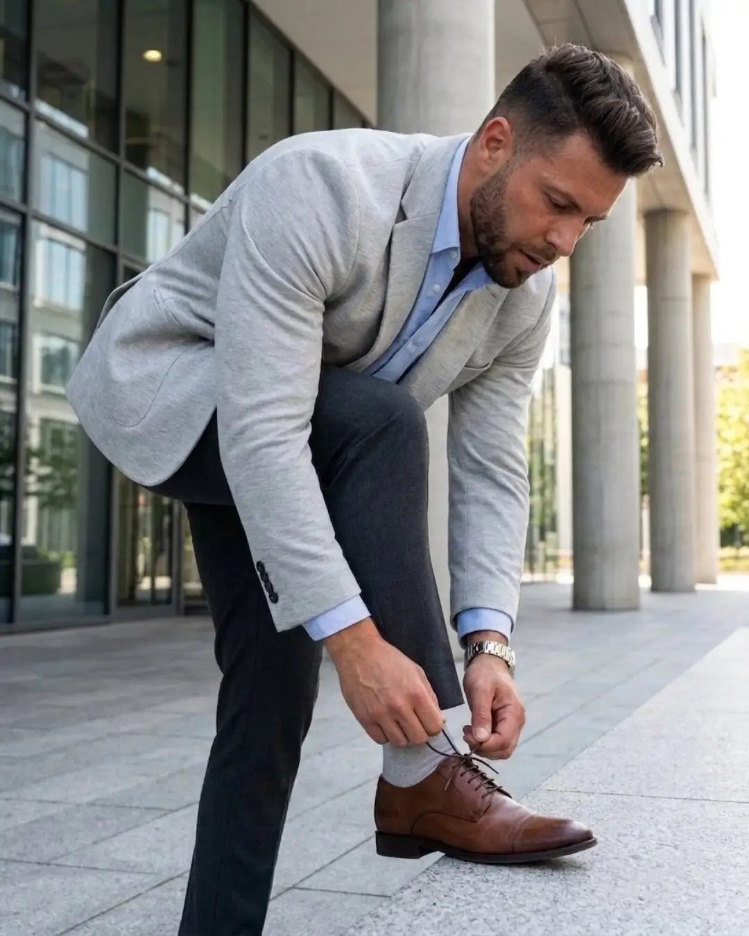 A man wearing a light grey blazer and dark grey pants ties his brown leather shoes.