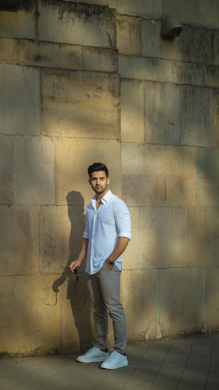 A man wearing a white shirt and grey pants standing against a stone wall.