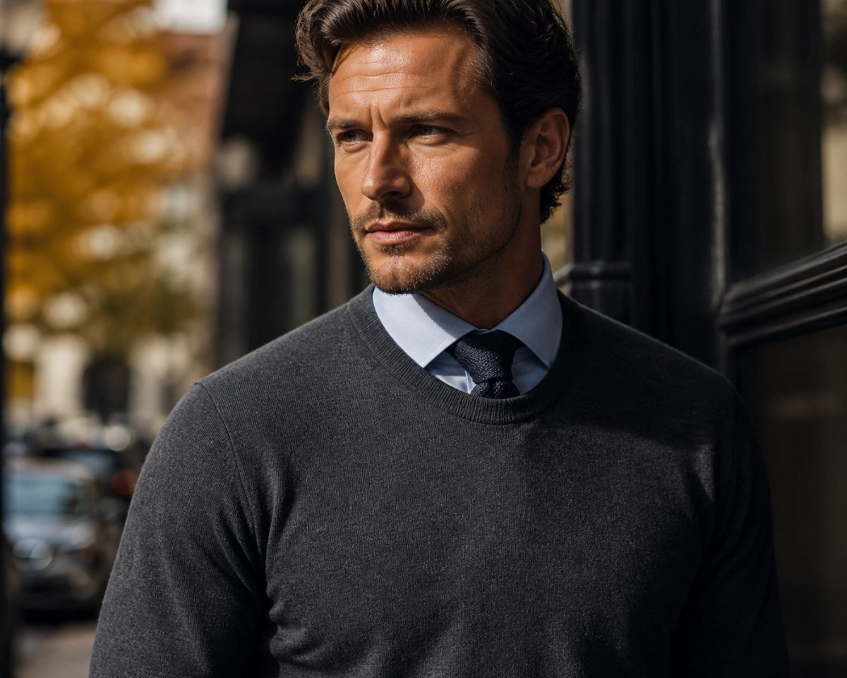 Man wearing a grey sweater, light blue shirt, and navy tie in an urban setting.