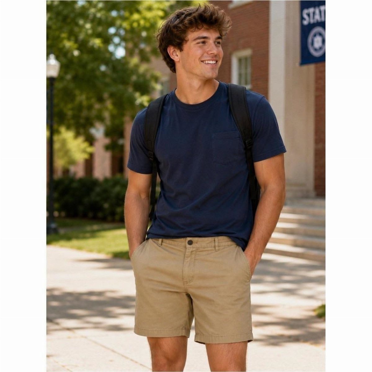 Smiling young man wearing a navy t-shirt and khaki shorts walking outdoors.