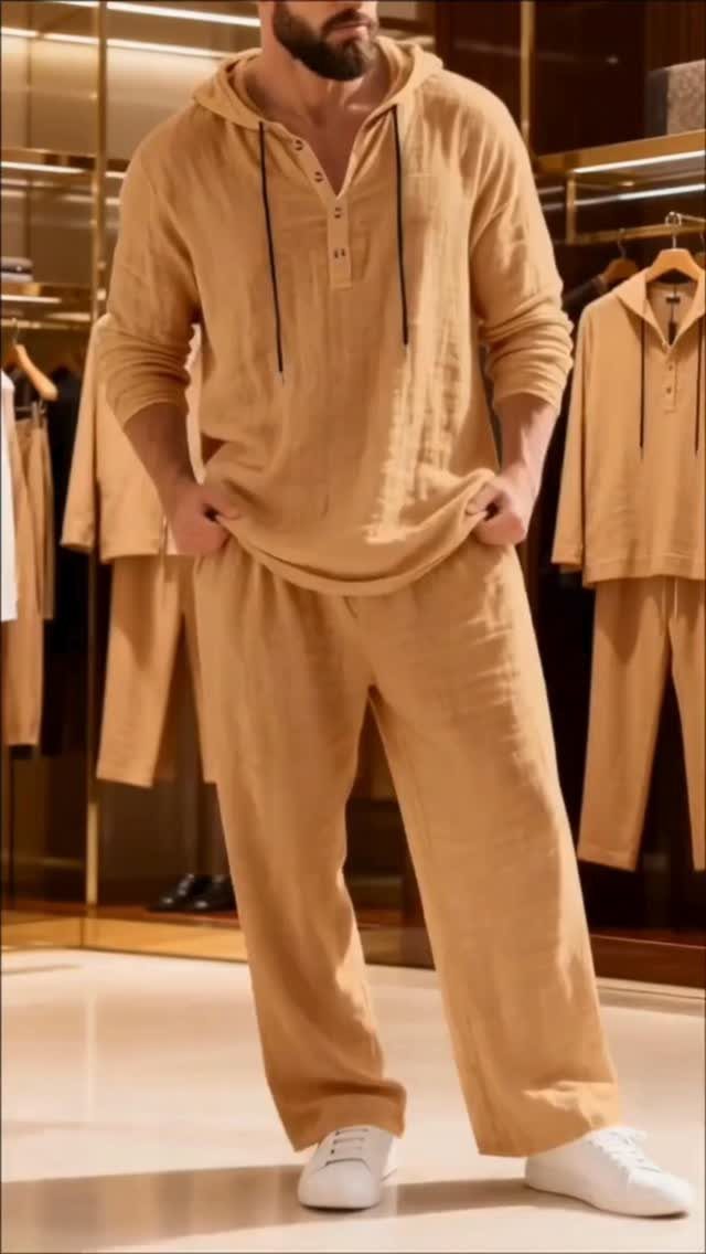Man wearing a tan linen long-sleeve hooded shirt and matching wide-leg trousers.