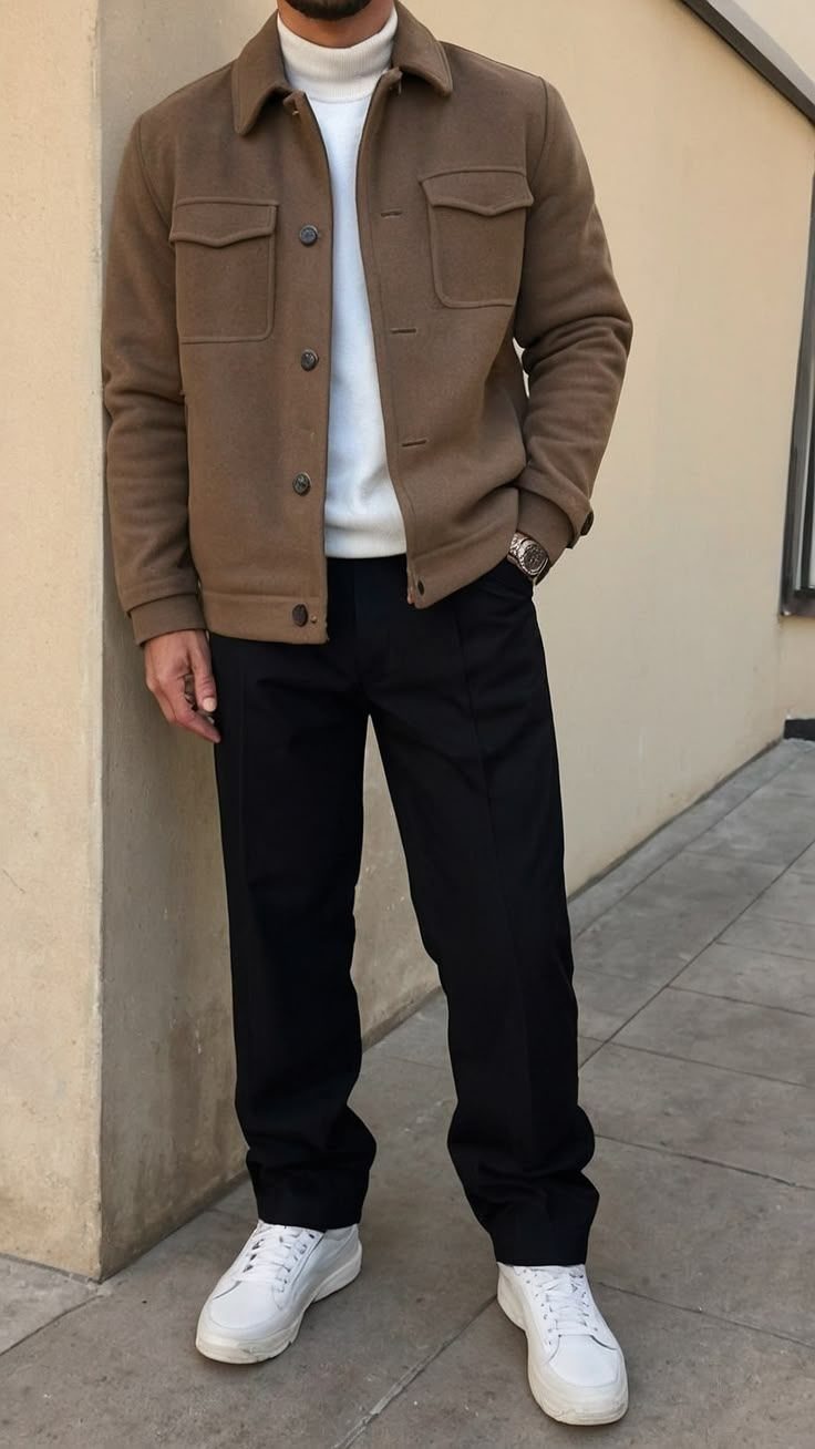 Man wearing a brown jacket, white turtleneck, black trousers, and white sneakers.