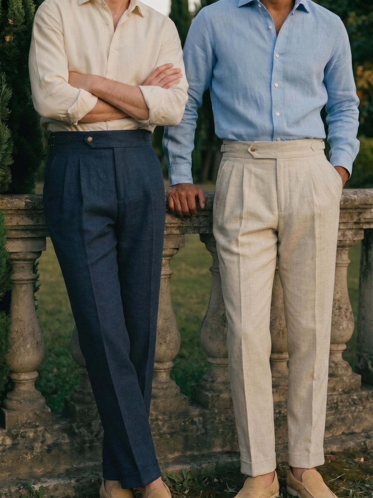 Two men posing in button-down shirts and pleated tailored trousers by a stone railing.