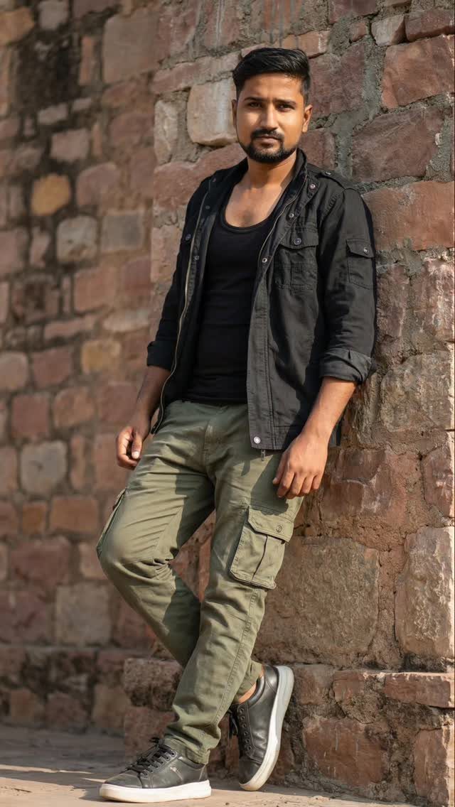 Man wearing a black utility jacket and olive green cargo pants leaning against a stone wall.
