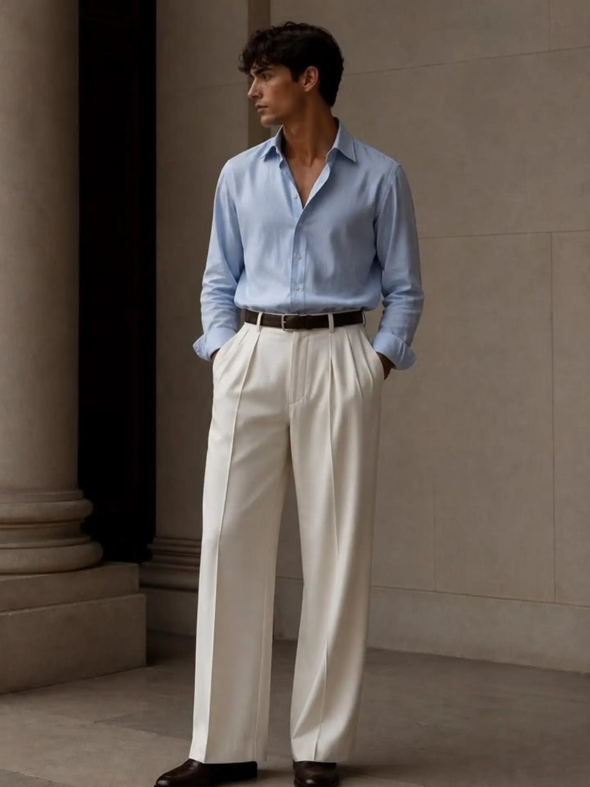 Man wearing a light blue shirt and cream wide-leg trousers standing against a stone wall.